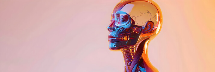Photo holographic layering man with an artistic face,A blue and orange figure of a female head with the head facing the camera.