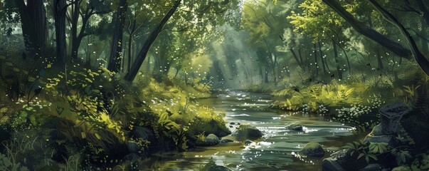 Enchanted forest stream at dawn - obrazy, fototapety, plakaty