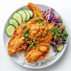 Pecel Lele: Fried catfish served with rice and a spicy peanut sauce, often accompanied by fresh vegetables like cucumber, cabbage, and long beans. photo on white isolated background