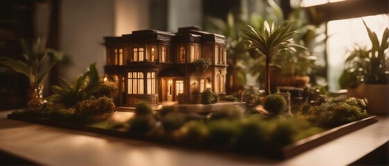 Generative AI. Miniature villa house with plants in potted area, hyper realism, dramatic ambient lighting. sample villas. Duplex. Luxurious Mansions. Bungalow. Gardens. Dream home, car parked day shot