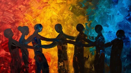 Abstract painting of human silhouettes in vibrant colors