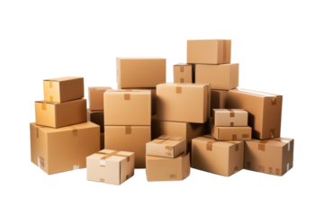 Stack of Cardboard Boxes. On a White or Clear Surface PNG Transparent Background..