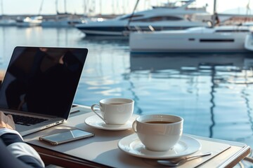 coffee setup on table, businessperson on a laptop, boats in background