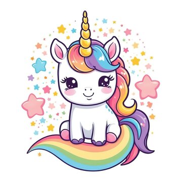 a rainbow unicorn sitting on a rainbow unicorn pillow