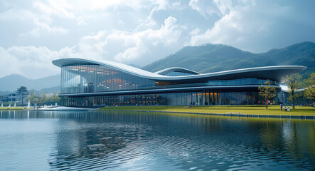 The lakeside sports center. Generative AI.