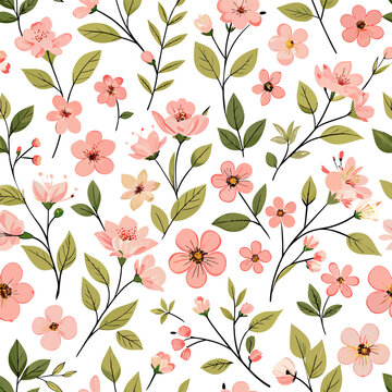 spring flowers and leaves pastel seamless pattern background