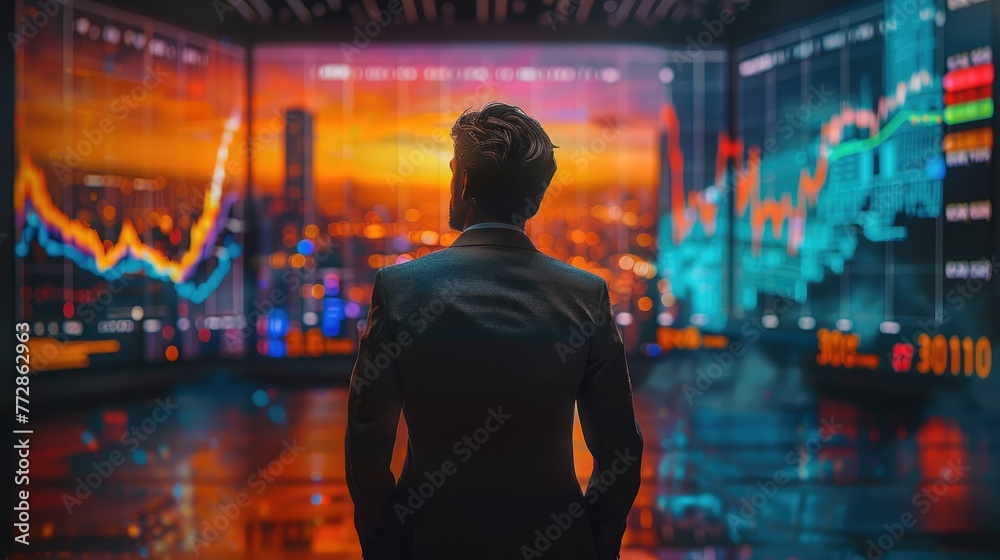 Poster A businessman stands and looks at a large monitor showing a falling financial graph. creating a colorful contrast. Generative AI.