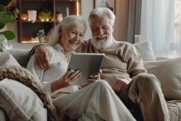 a couple of elderly people looking at a tablet