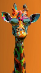 Colorful painted giraffe with sunglasses - obrazy, fototapety, plakaty
