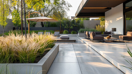 A minimalist backyard patio area with polished concrete floors, complemented by a series of linear planters filled with ornamental grasses.  - obrazy, fototapety, plakaty