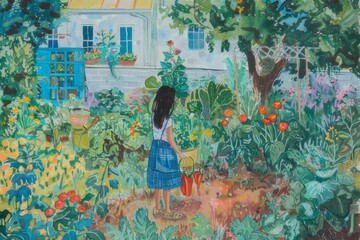 A girl enjoys picking vegetables from the backyard on a sunny summer day.