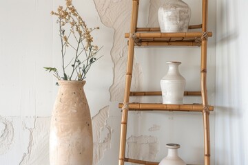 corner with bamboo ladder shelf and ceramic vases