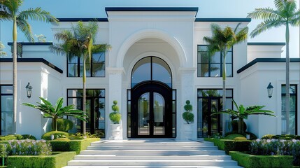 Front view of a luxury modern house in the palm beach with arched black steel double doors, white walls and accents, large windows, stone entrance stairs. Generative AI.