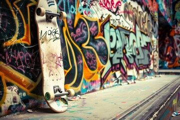 Naklejka premium a broken skateboard propped against a graffiticovered wall