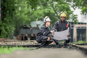 Fototapeta premium Engineers use blueprints for rail maintenance and troubleshooting to ensure safe train operations.