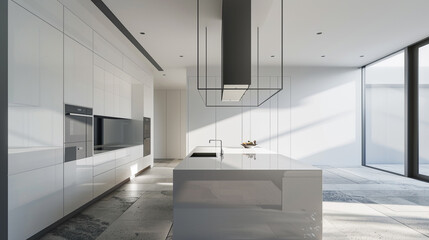 A minimalist luxury kitchen showcasing an all-white theme, from the Corian countertops to the lacquered cabinets, accented by a subtle,  - obrazy, fototapety, plakaty