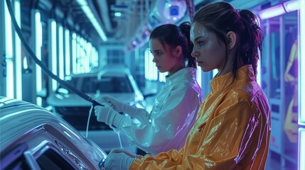 Fototapeta na wymiar Young women connected to sci fi machines, working in a sci fi car wash. Generative AI.