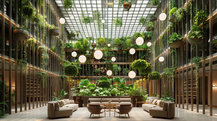 A modern atrium filled with an array of hanging plants from a grid ceiling, creating a natural curtain around a central seating area furnished with mid-century modern pieces. - obrazy, fototapety, plakaty