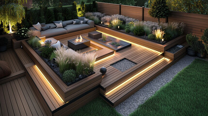 A modern backyard design with a raised wooden deck patio, incorporating built-in planters filled with a mix of ornamental grasses and perennials. Sleek, - obrazy, fototapety, plakaty