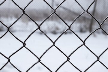 Close up view of frozen lattice fence