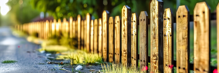 Obraz premium Classic wooden fence in a lush garden, symbolizing the timeless appeal of natural materials and the beauty of outdoor living