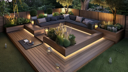 A modern backyard design with a raised wooden deck patio, incorporating built-in planters filled...