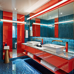 modern bathroom with red and blue tiles. Generative AI