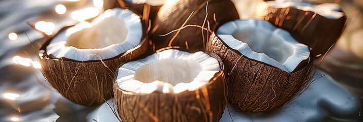 Close-up of a cracked coconut, highlighting the texture and freshness of this tropical fruit, essential for healthy living - obrazy, fototapety, plakaty