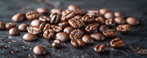 Close-up of roasted coffee beans on a dark surface