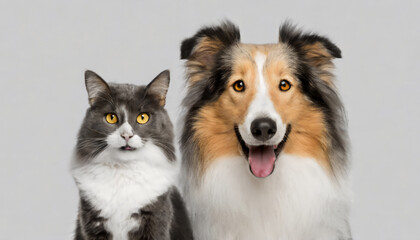Happy panting collie dog and cat looking at camera, Isolated on grey background
