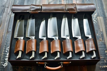 professional chefs knife set in a leather roll case