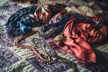 chic scarves and jewelry spread on a quilted bedcover - obrazy, fototapety, plakaty