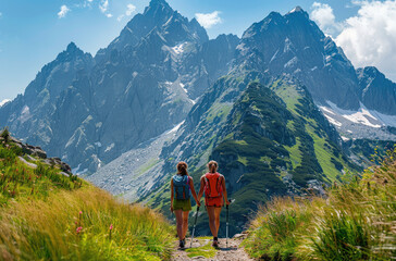 Tatra Mountains summer hiking with friends, two women in colorful and backpacks walking along the path among green grass on a high mountain background - obrazy, fototapety, plakaty