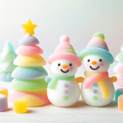 a cute couple snowman with christmas tree made of pastel color rainbow gummy candy on a white background