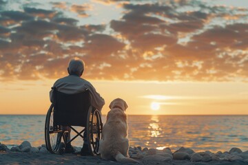 Obraz premium Shared Silence: A Peaceful Sunset With A Loyal Companion By The Sea Generative AI
