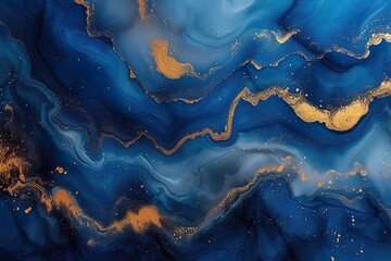 Abstract paint background by deep blue and gold color with liquid fluid texture in luxury concept - obrazy, fototapety, plakaty