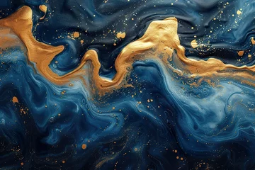Fotobehang Abstract paint background by deep blue and gold color with liquid fluid texture in luxury concept © Dipankar