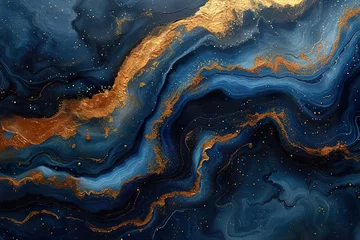 Fotobehang Abstract paint background by deep blue and gold color with liquid fluid texture in luxury concept © Dipankar