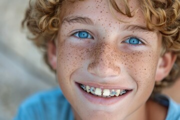 Braces and Bright Eyes: A Young Boy's Carefree Smile Brightens the Day Generative AI - obrazy, fototapety, plakaty