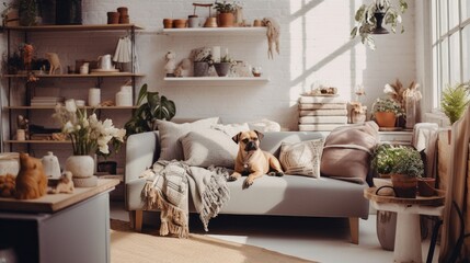 A dog is laying on a couch in a living room with a lot of plants and books