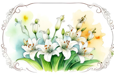 Watercolor frame,border for postcards,invitations, made of white lilies on white background