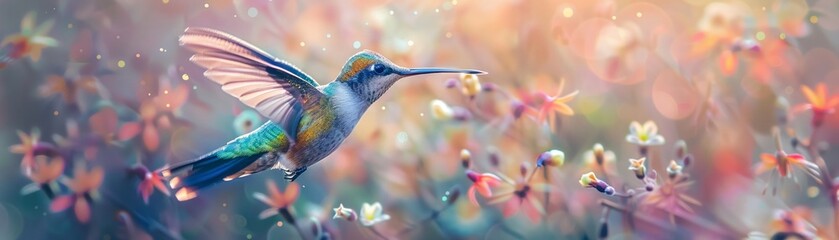 Close-up of a hummingbird in flight its feathers a burst of iridescent colors - obrazy, fototapety, plakaty