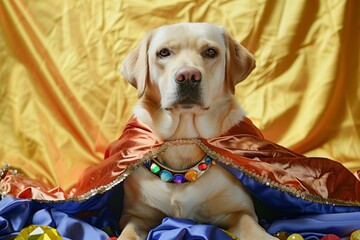 labrador with swashbuckler cape and gems