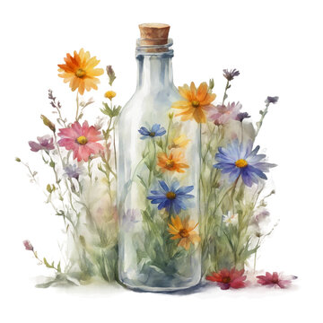 A simple glass bottle filled with colorful wildflowers, rendered in soft watercolors. White background.
