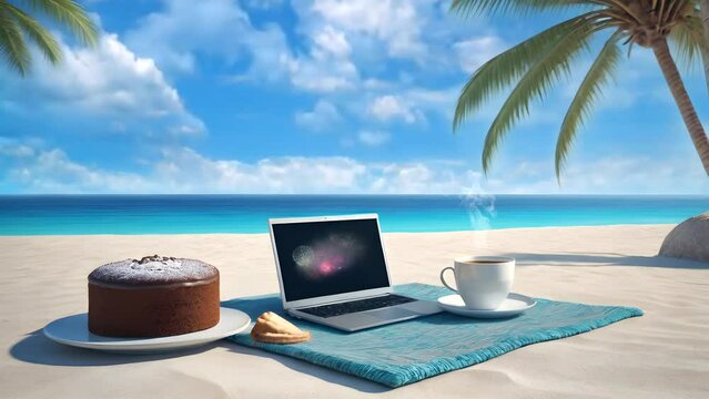 Cake, coffee cup and laptop on the beach