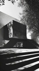 Abstract black and white architecture with tree shadows