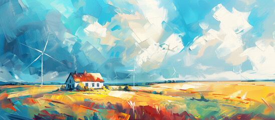 Landscape featuring a solitary cottage, wind turbines. Oil painting art banner