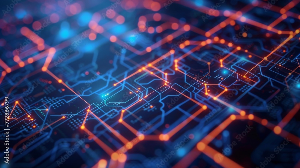 Poster Glowing Computer Circuit Board With Lines and Dots