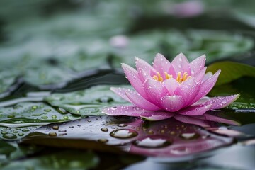 Water Lily with Raindrops on Pond
