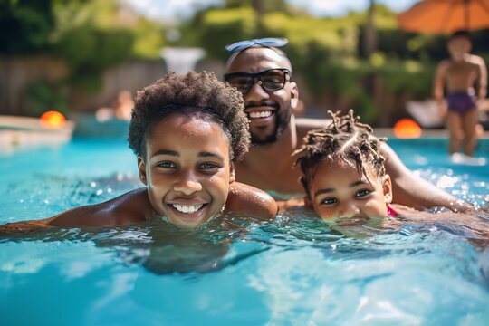African family swimming together in the swimming pool